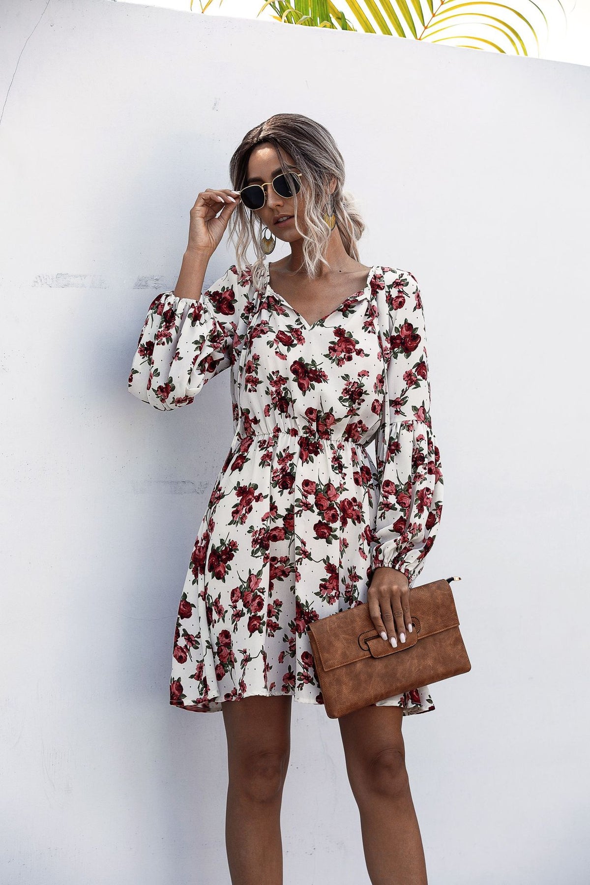 V-neck Lace-up Polka Dot Bubble Lantern Sleeve Flower Dress