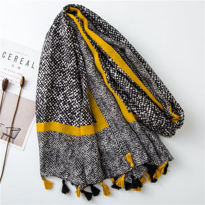 Tassel Grey Printed Cotton Scarf Shawl for Women Ladies Girls