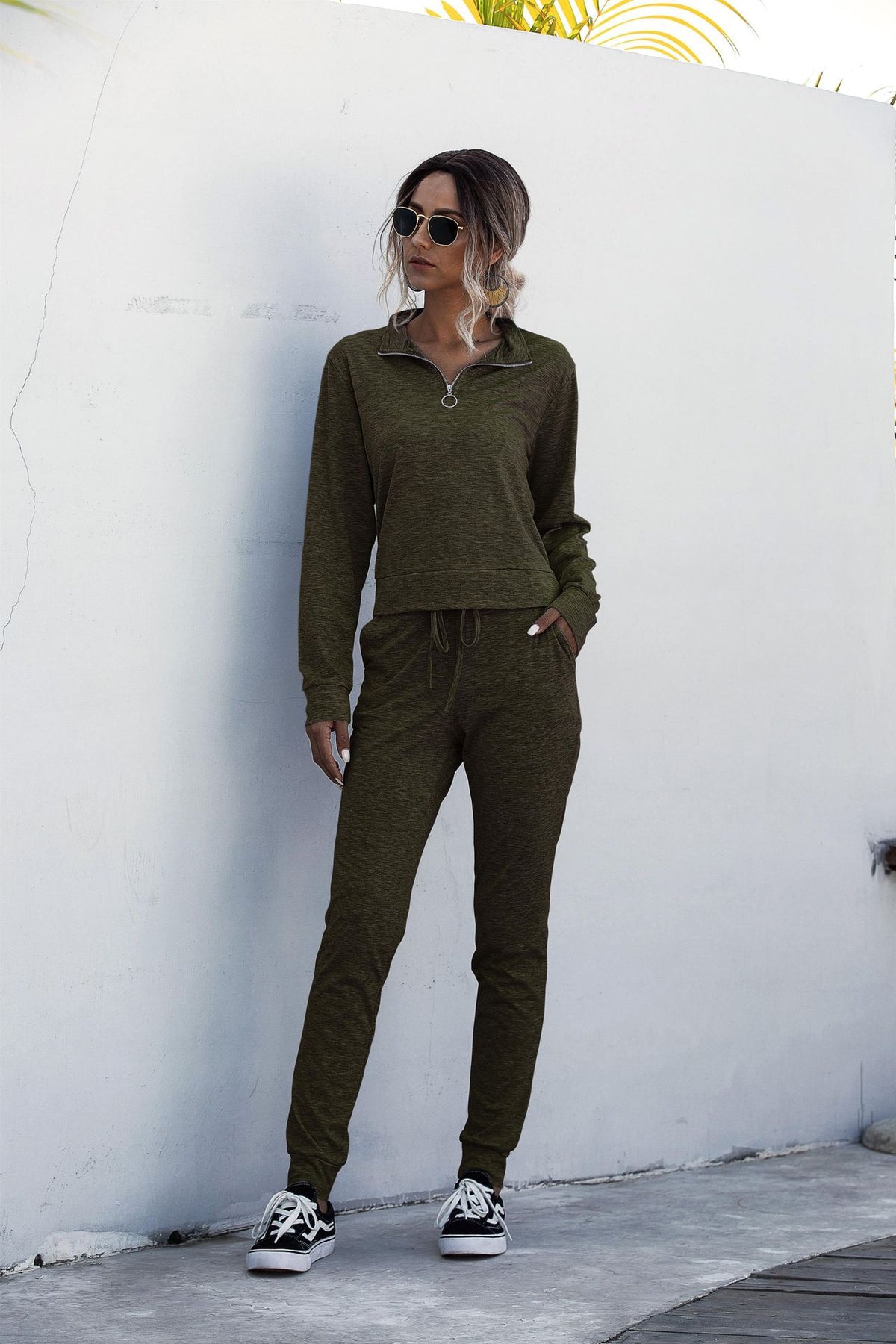 Stand Collar Zipper Two-piece Sports Suit Lace-up Pant