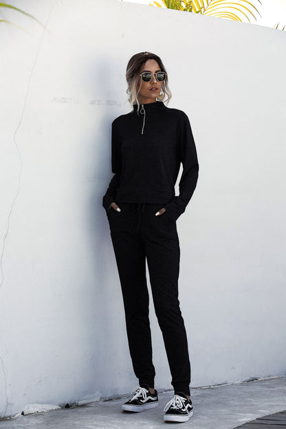 Stand Collar Zipper Two-piece Sports Suit Lace-up Pant