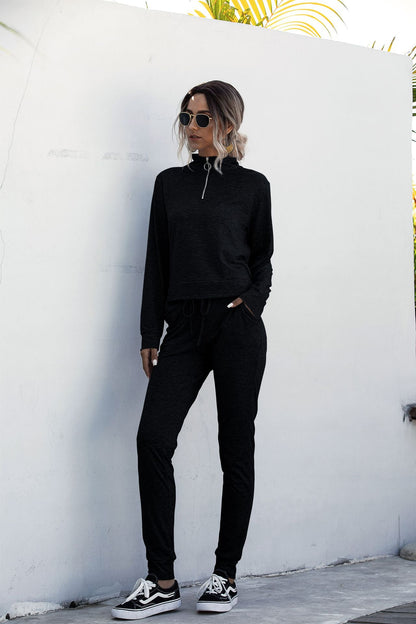 Stand Collar Zipper Two-piece Sports Suit Lace-up Pant