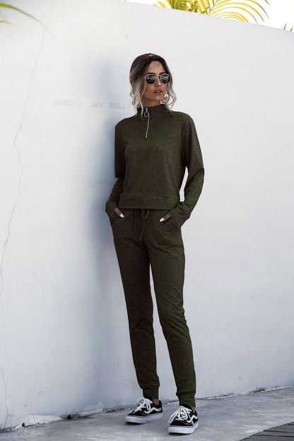 Stand Collar Zipper Two-piece Sports Suit Lace-up Pant