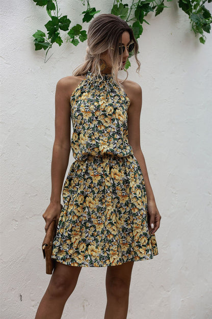 Floral Red Bohemian Boho Printed Hanging Neck Straps Mini Dresses