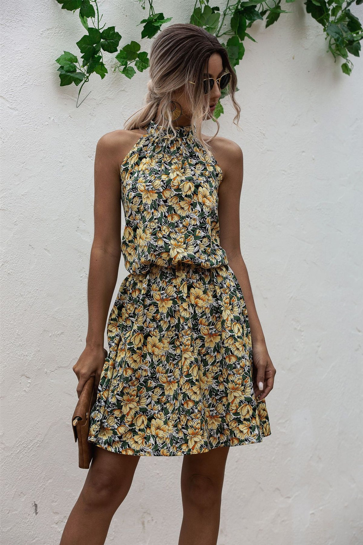 Floral Yellow Bohemian Boho Printed Hanging Neck Straps Mini Dresses