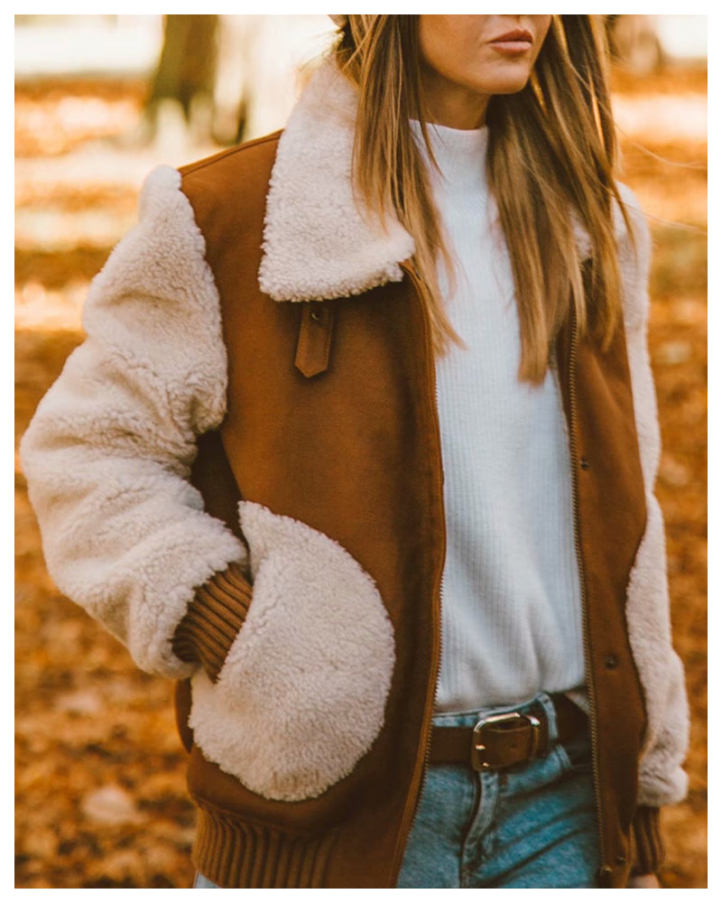 Contrast Pile Collar Pocket Tops Jacket Outerwear
