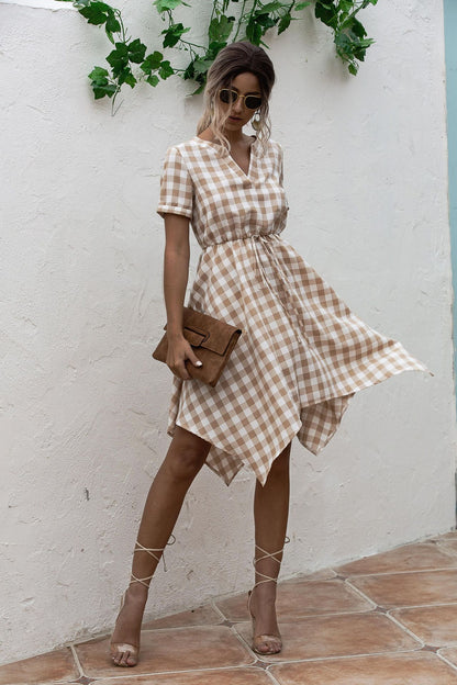 V-neck Plaid Irregular Hem Mini Dresses