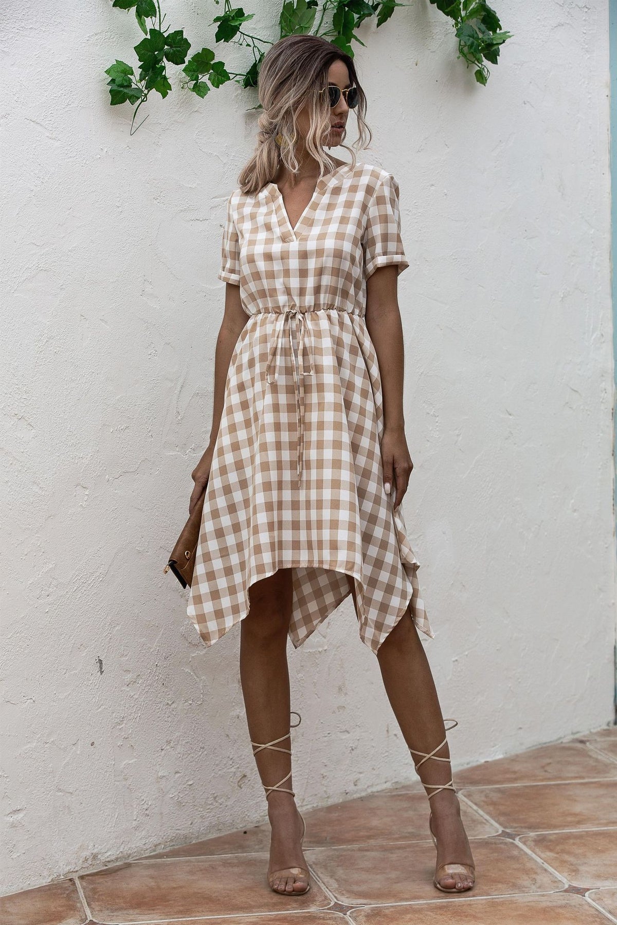 V-neck Plaid Irregular Hem Mini Dresses