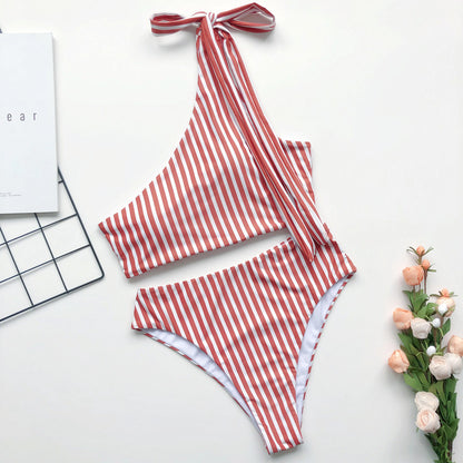 One Shoulder Lace-up Striped One-piece Swimsuit