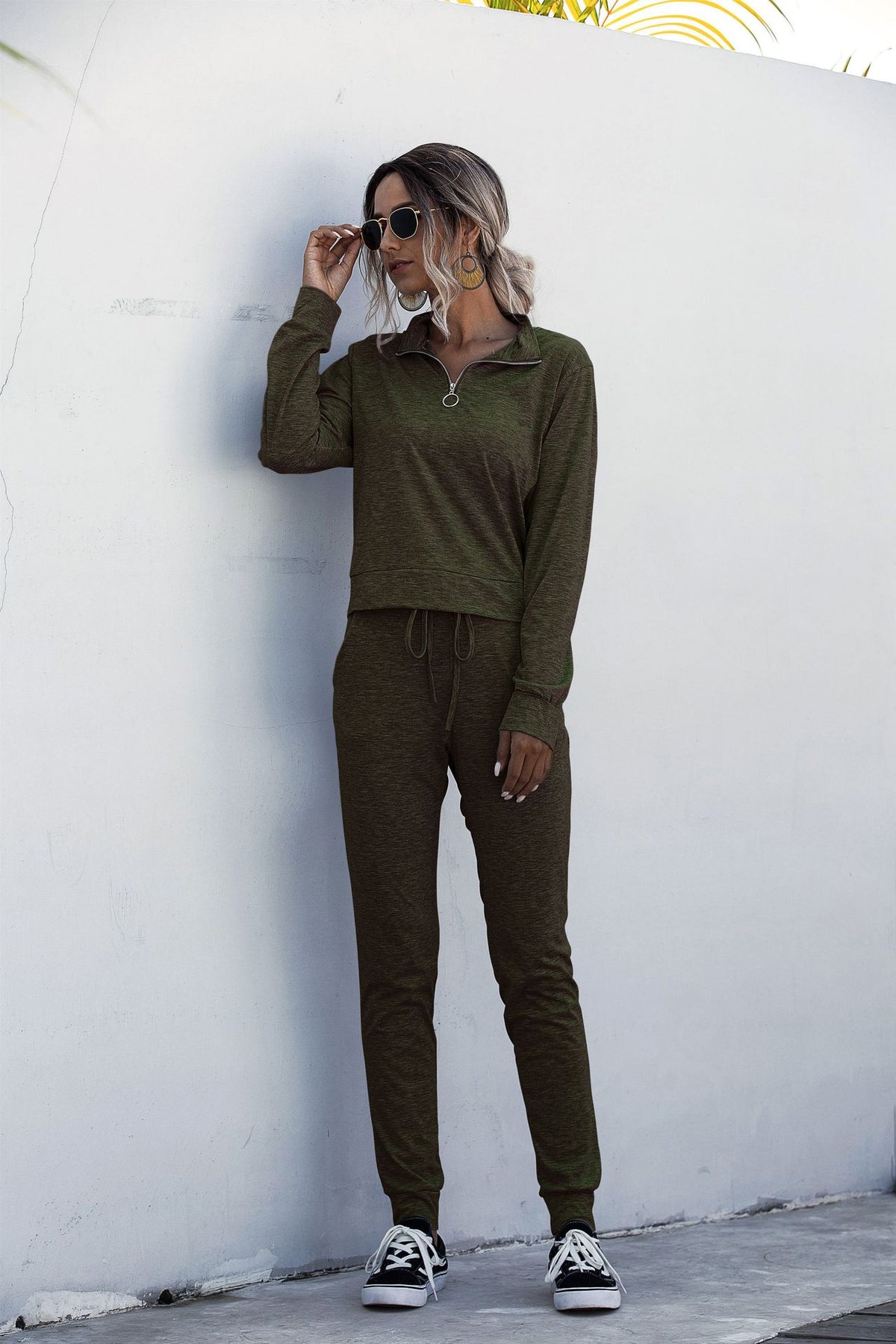Stand Collar Zipper Two-piece Sports Suit Lace-up Pant