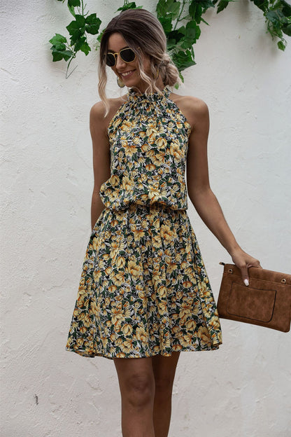 Floral Red Bohemian Boho Printed Hanging Neck Straps Mini Dresses