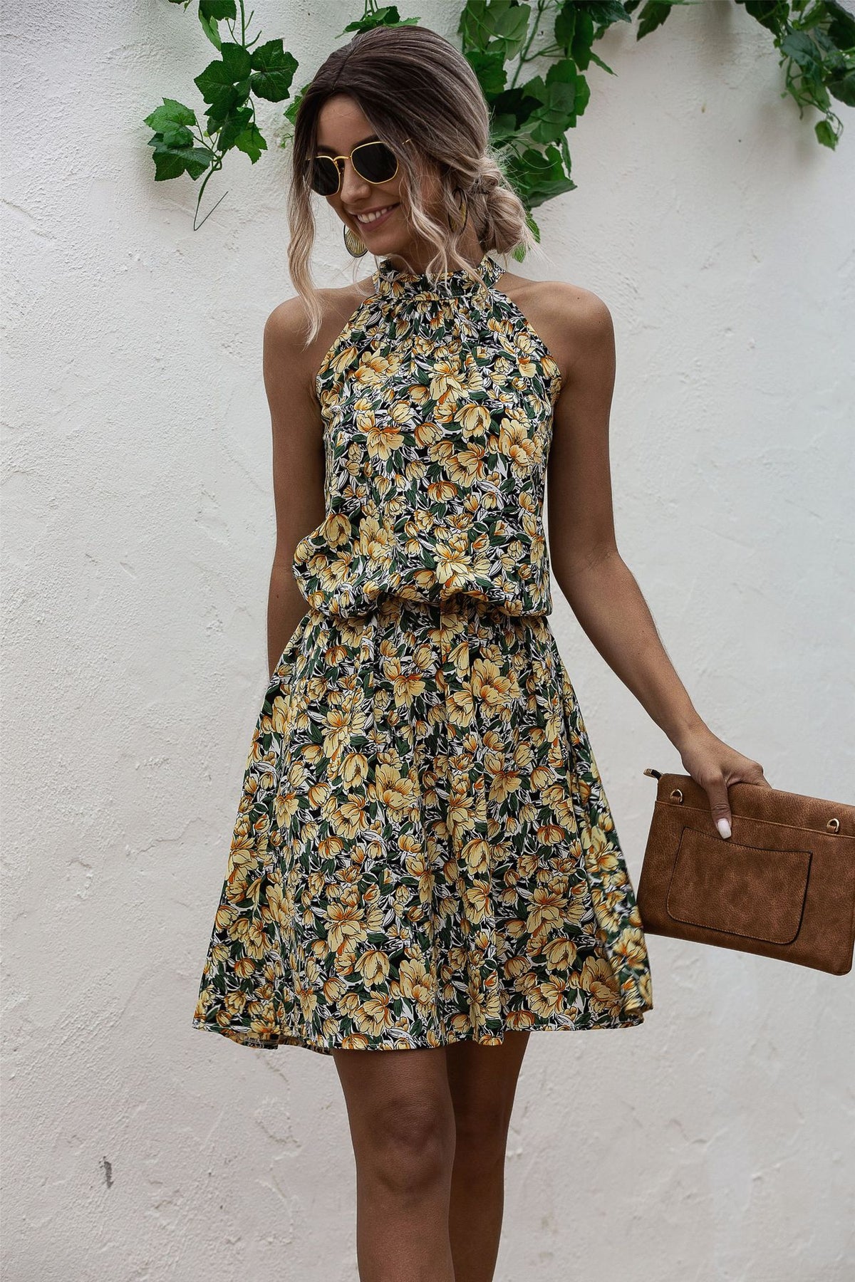 Floral Yellow Bohemian Boho Printed Hanging Neck Straps Mini Dresses
