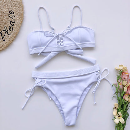 Lace-up Bikini Swimsuit Pit Striped Swimwear