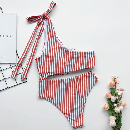One Shoulder Lace-up Striped One-piece Swimsuit