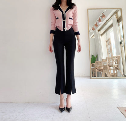 Single-breasted Contrast Knit Splicing Golden Button Sweaters