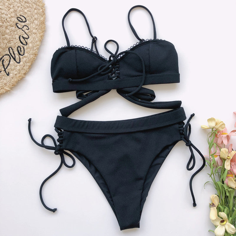 Lace-up Bikini Swimsuit Pit Striped Swimwear