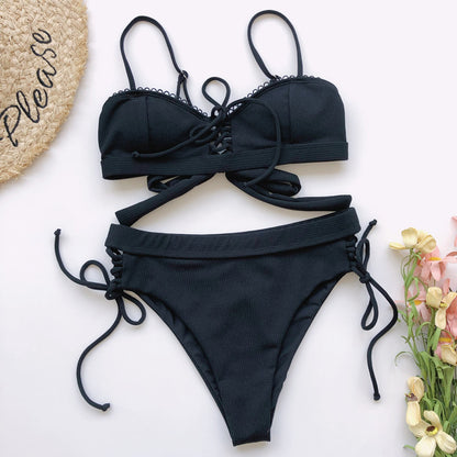 Lace-up Bikini Swimsuit Pit Striped Swimwear