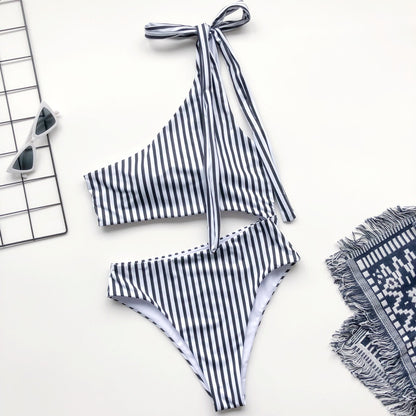One Shoulder Lace-up Striped One-piece Swimsuit