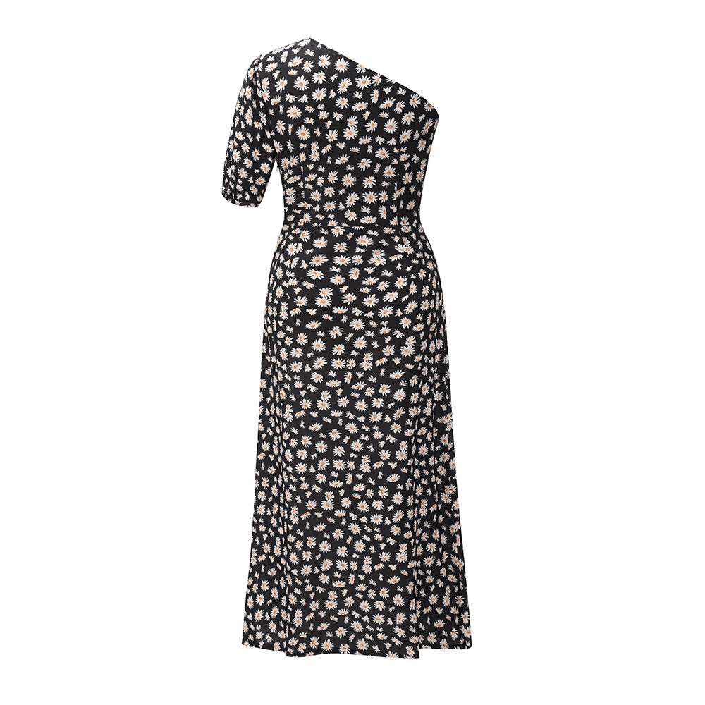 One Shoulder Daisy Floral Split Midi Dresses