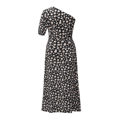 One Shoulder Daisy Floral Split Midi Dresses