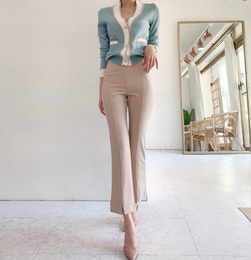 Single-breasted Contrast Knit Splicing Golden Button Sweaters