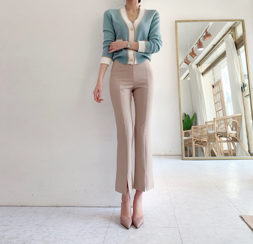 Single-breasted Contrast Knit Splicing Golden Button Sweaters