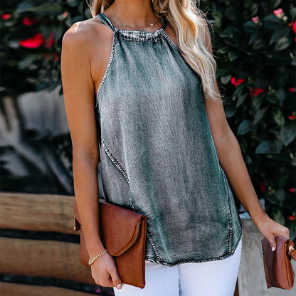 Backless Tie-Back Lace-up Denim Halter Tops