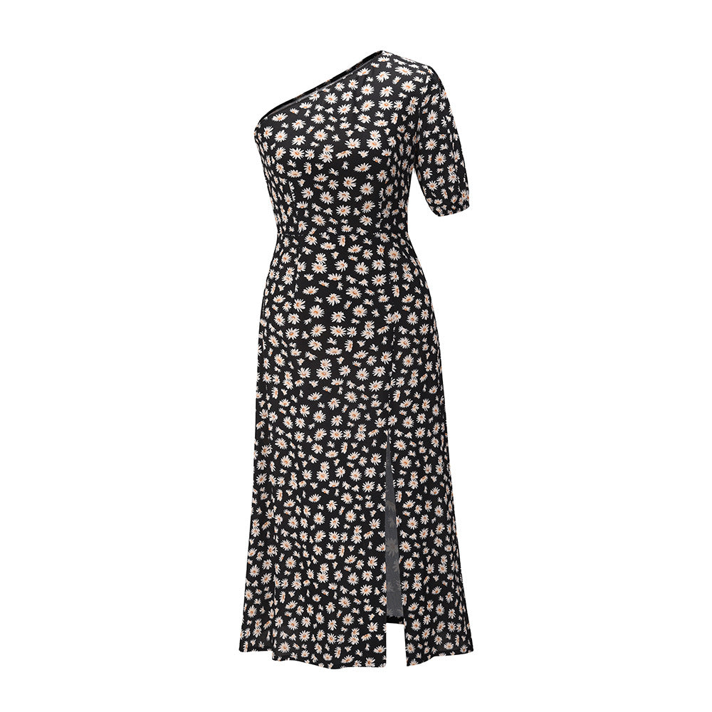 One Shoulder Daisy Floral Split Midi Dresses