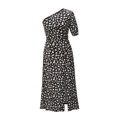 One Shoulder Daisy Floral Split Midi Dresses