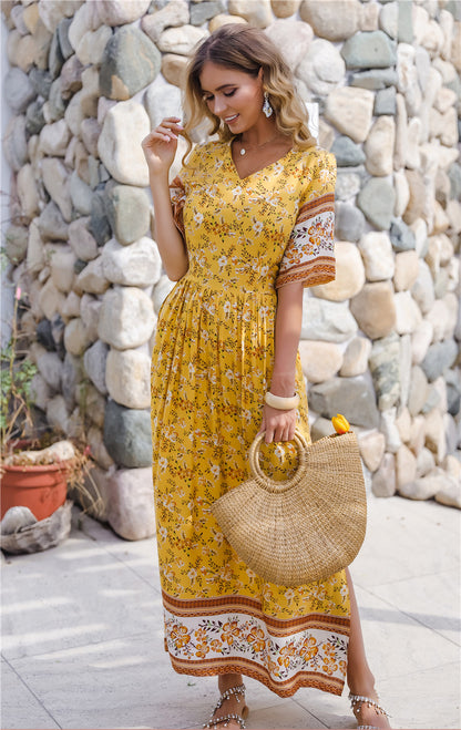Bohemia Boho V-neck Floral Pleated Beach Maxi Dresses