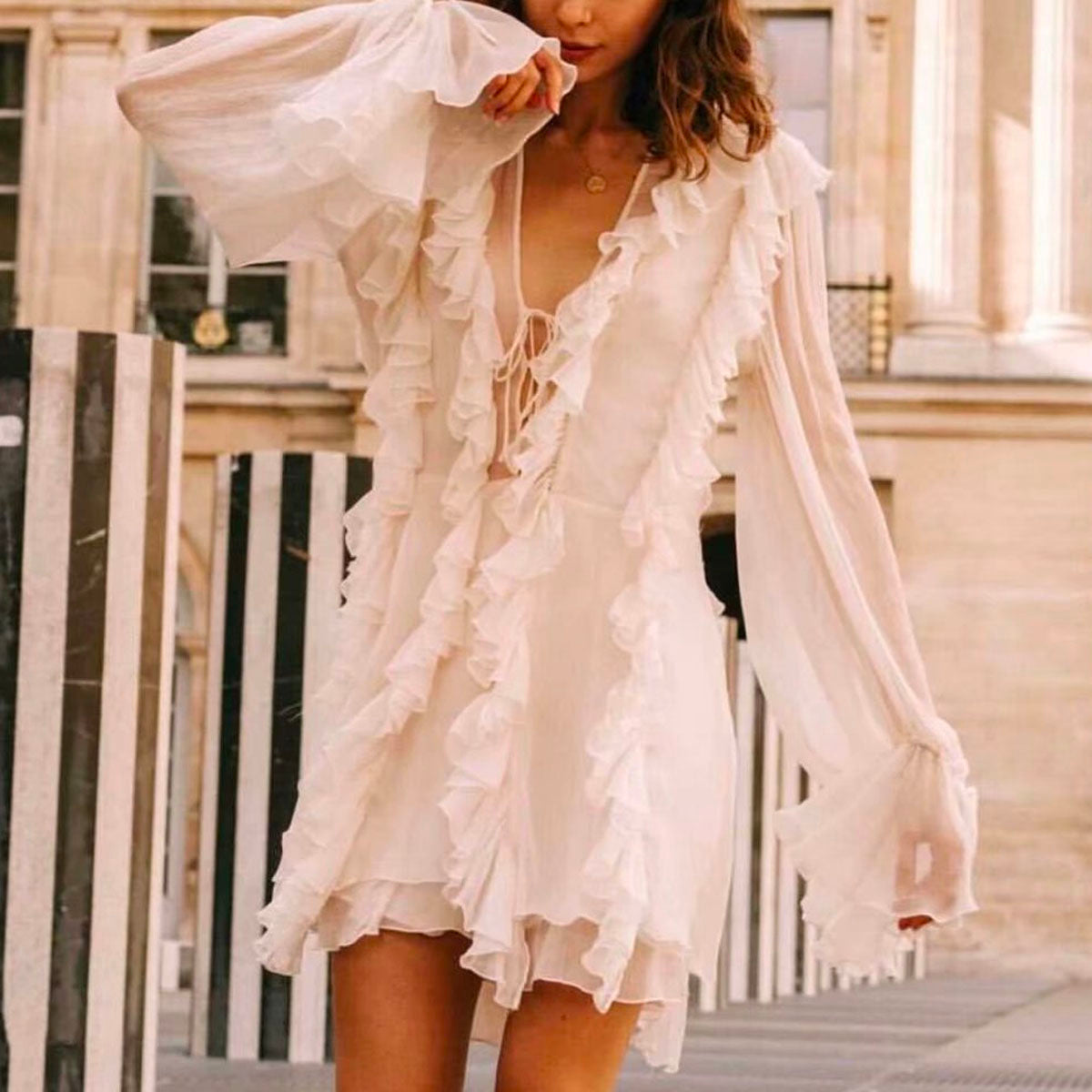 White Multi-layer Lace Cross Ruffle Vacation Mini Dresses