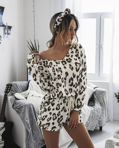 Leapord Print Two-piece Cotton T-Shirt Lace-up Shorts Loungewear