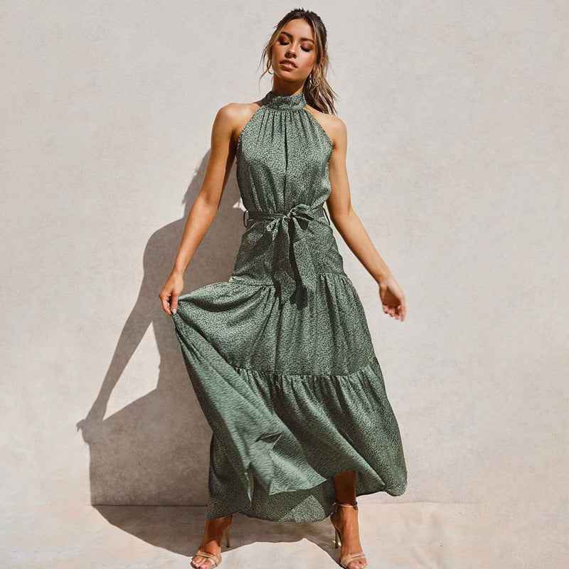 Elegant Green Sleeveless Halter Floral Maxi Dresses