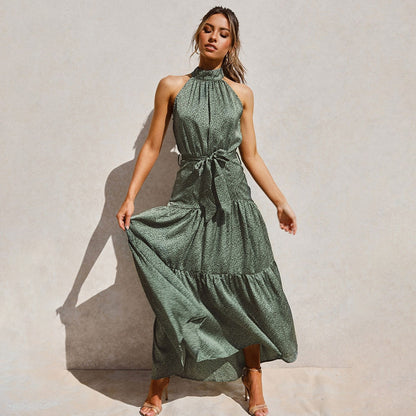 Elegant Green Sleeveless Halter Floral Maxi Dresses