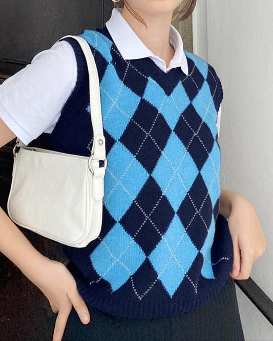 Blue Lattice V-neck Knitting Vest Sweater