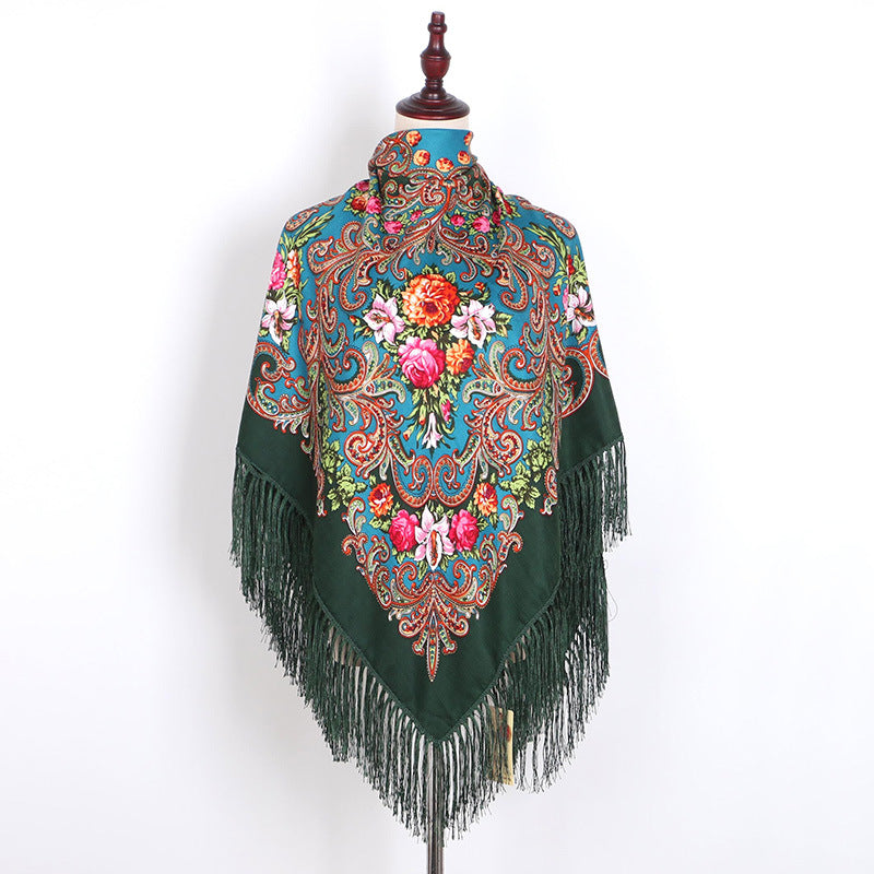 Ethnic Retro Flower Square Scarf Muslim Shawl Fringed Scarves for Women Ladies Girls