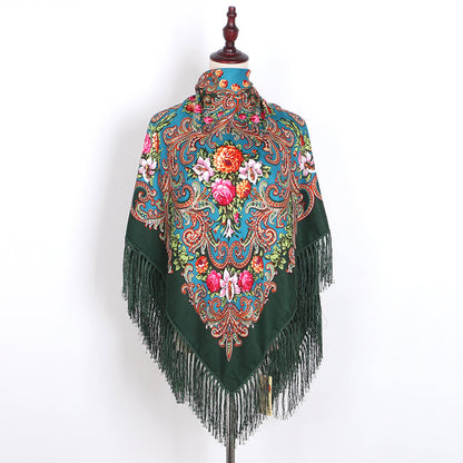 Ethnic Retro Flower Square Scarf Muslim Shawl Fringed Scarves for Women Ladies Girls