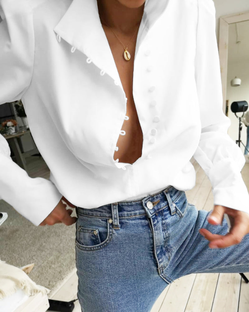 Single-breasted Round Neck Puff Sleeve Mandarin Collar Shirts