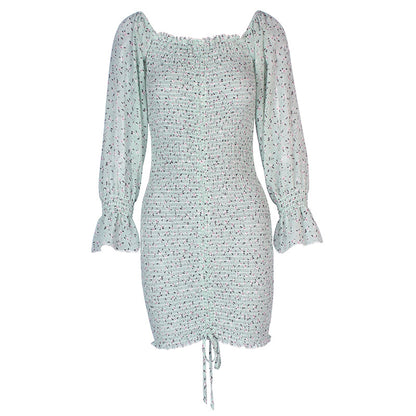 Puff Sleeve Ruffled Irregular Hem Drawstring Bodycon Mini Dresses