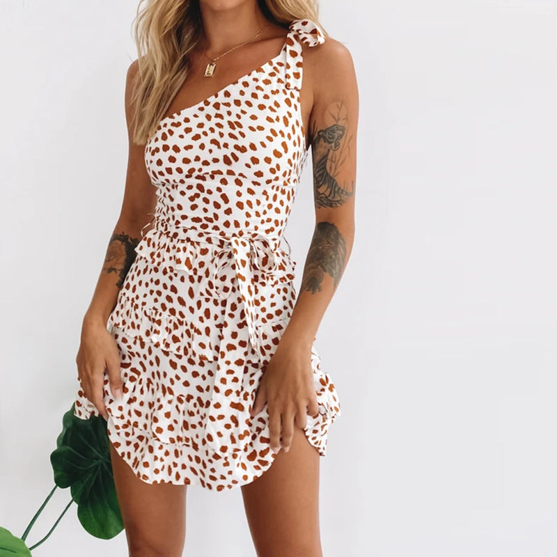 One-shoulder Leopard Flounces Ruffled Lace-up Mini Dresses