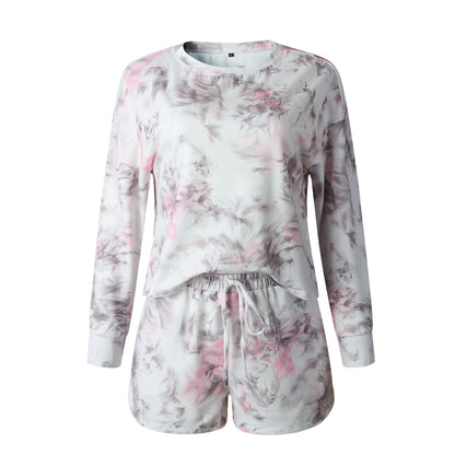 Floral Two-piece Set Cotton T-Shirt Lace-up Shorts Loungewear