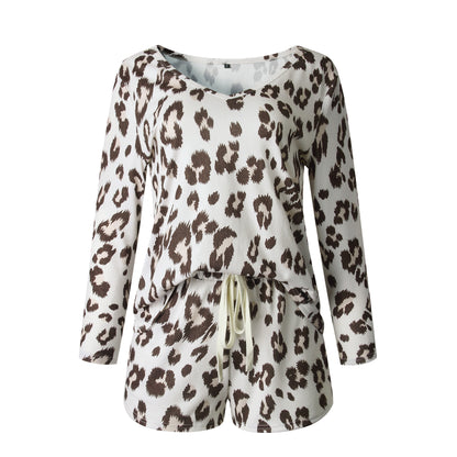 Leapord Print Two-piece Cotton T-Shirt Lace-up Shorts Loungewear