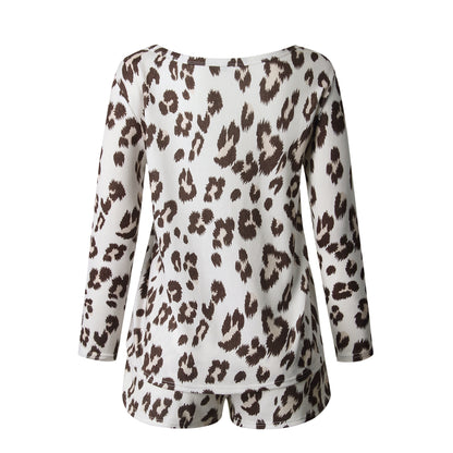 Leapord Print Two-piece Cotton T-Shirt Lace-up Shorts Loungewear