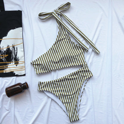 One Shoulder Lace-up Striped One-piece Swimsuit