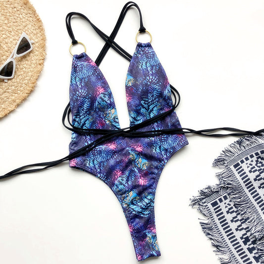 Lace-up Swimwear Print One-piece Swim Suit