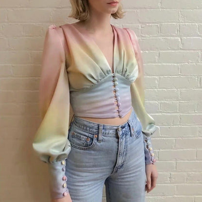 Rainbow Multicolor Gradient V-neck Single-breasted Lantern Sleeve Crop Tops