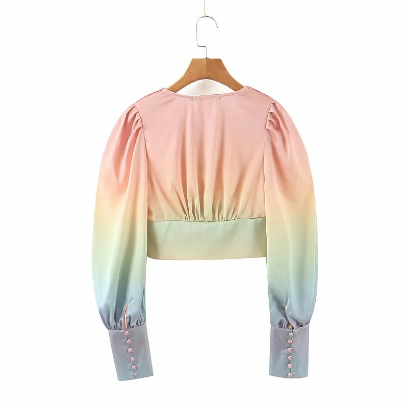 Rainbow Multicolor Gradient V-neck Single-breasted Lantern Sleeve Crop Tops