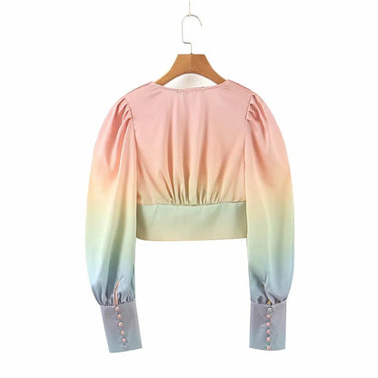 Rainbow Multicolor Gradient V-neck Single-breasted Lantern Sleeve Crop Tops