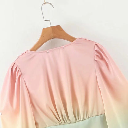 Rainbow Multicolor Gradient V-neck Single-breasted Lantern Sleeve Crop Tops