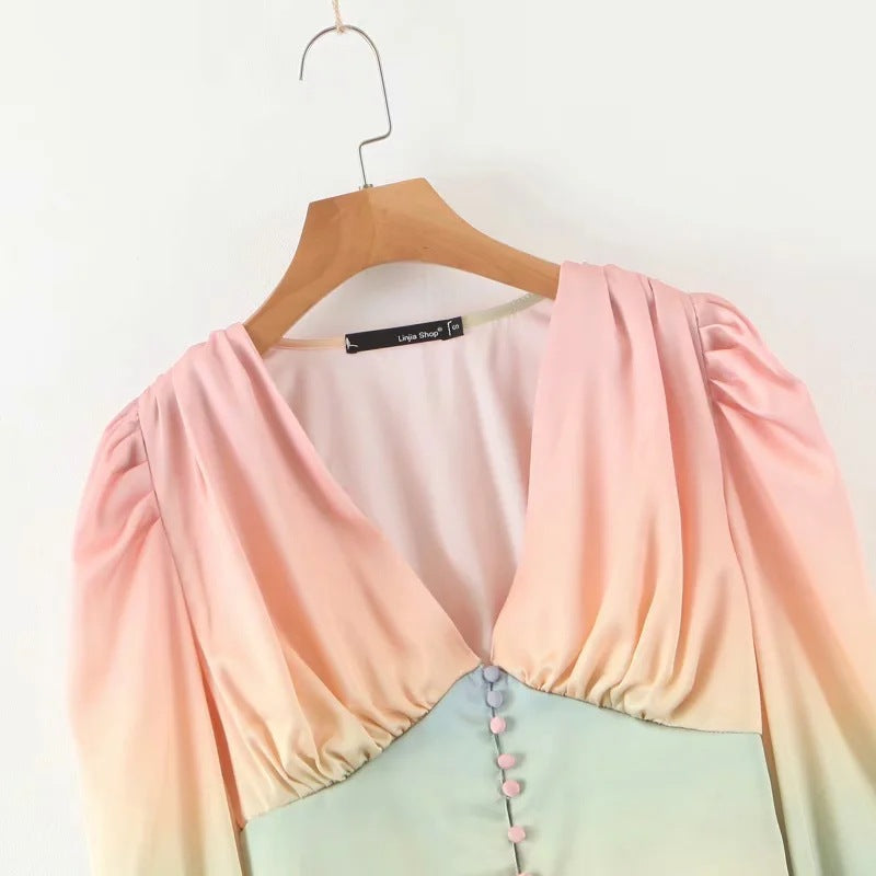 Rainbow Multicolor Gradient V-neck Single-breasted Lantern Sleeve Crop Tops