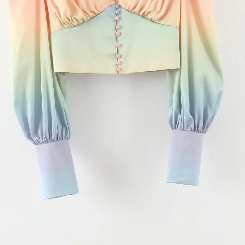 Rainbow Multicolor Gradient V-neck Single-breasted Lantern Sleeve Crop Tops